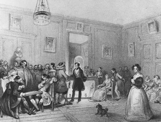 Foyer van acteurs in het Théâtre Français, gegraveerd door Pierre Joseph Challamel, c.1850s